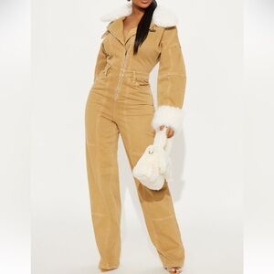 Fashion Nova Tan Jumpsuit with White Faux Fur